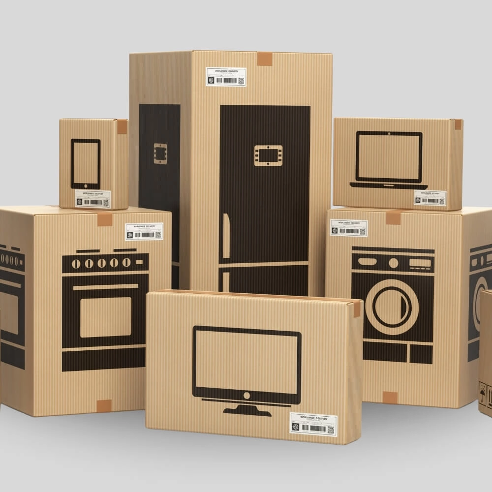 Caixas de varios eletrodomesticos como geladeira, fogão, maquina de lava e televisão